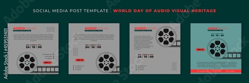 Set of Social media post template with film roll design. World day of Audio visual heritage template design. photo