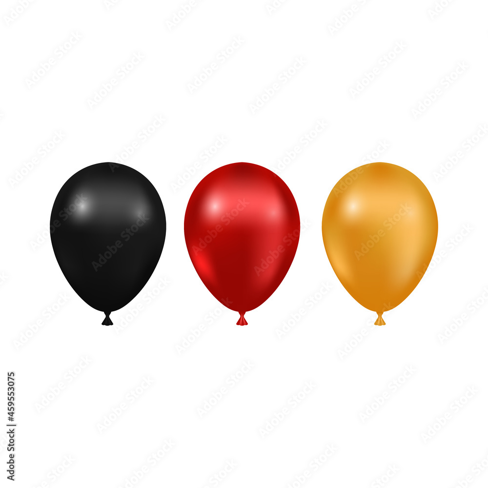 Realistic glossy gold, black and red balloon vector illustration isolated on white background. Balloons for Birthday, holidays, parties, weddings.