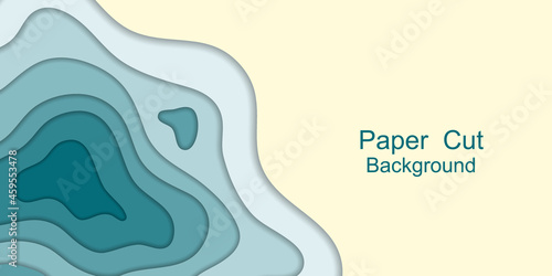 Papercut topography background. 3d paper layers, cut effect. Teal and blue sea waves design for banner or flyer. Smooth swirl curve lines. Vector illustration.
