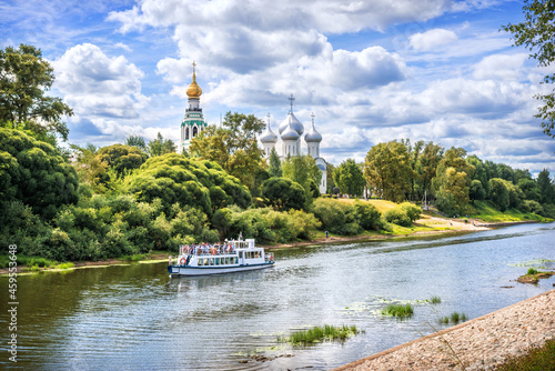 Kremlin and motor ship on the river in Vologda on a summer sunny day