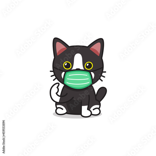 Cartoon character cute cat wearing protective face mask for design.