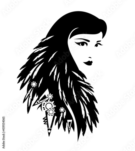 tribal shaman woman with bird feather decorated long hair black and white vector portrait