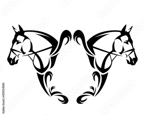 two bridled horse heads and heraldic style copy space blank frame for equestrian event champion black and white vector design