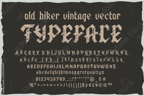 Old biker. Vintage vector dark label font