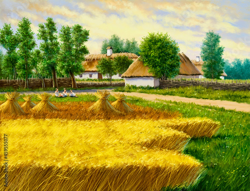 Oil paintings rural landscape, old village, bales in the field. Fine art, artwork, landscape with a house, wheat field with sky and clouds photo