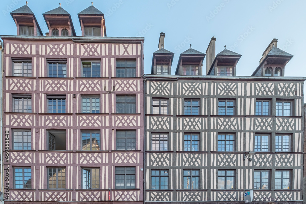 Typical half-timbered Norman houses, historic facade of Normandy, France