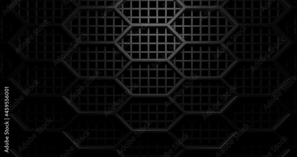 Obraz premium Double layer black square and hexagon honeycomb holes grid grill background with light from above