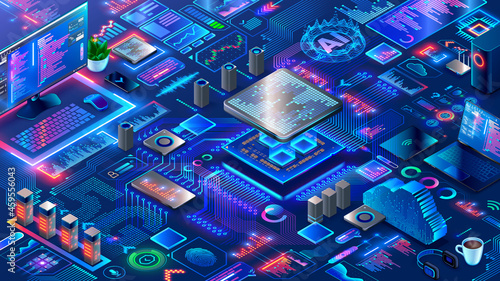Hardware and software computer technology background. Isometric elements of development, engineering electronics systems and devices. Design, programming or coding of microcontrollers or chips. photo