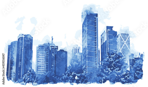 Chicago City skyline silhouette. Blue watercolor cityscape