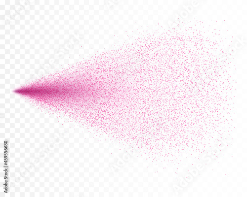 Spray effect isolated on transparent background. Realistic rose water air freshener splash. Vector graffiti paint splatter, pink dust, powder particles stream template