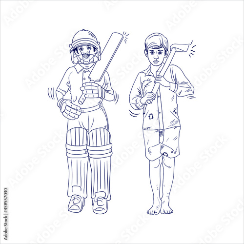 Child labor day concept in line art drawing sketch illustration. Poor vs rich kid concept. labour day creative concept illustration. Cricketer vs woodcutter idea. build children's future.