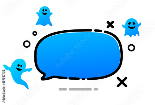 Blue speech bubble with cute flying ghosts..
