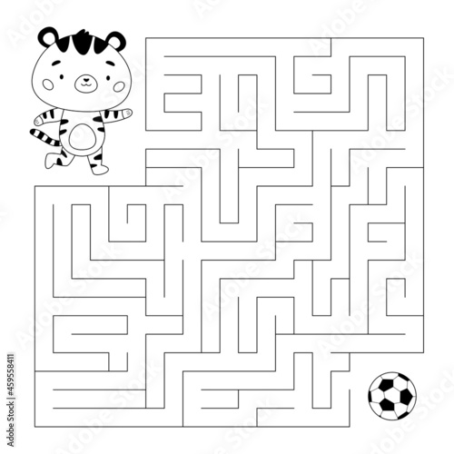 Education maze or labyrinth game for children. Help a tiger find right way to ball. Cat playing soccer. Football coloring page. Cartoon kawaii character. Vector illustration.