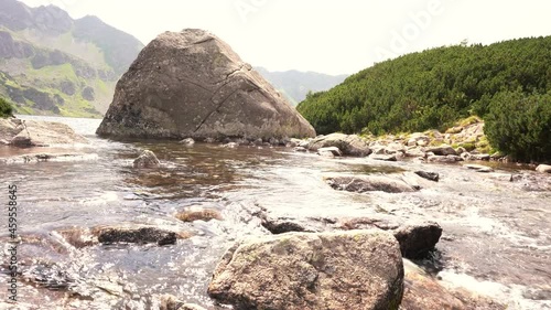 Crystal clear water in pond flowing as Roztoka stream or river, located in the valleys of Pieciu Stawow Polskie in the High Tatras photo