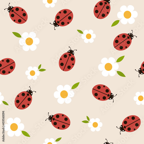 Seamless pattern with ladybugs and daisies. Vector illustration. It can be used for wallpapers, wrapping, cards, patterns for clothes and other.