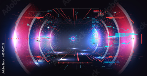 Virtual reality. Futuristic VR head-up display design. Sci-Fi helmet HUD, GUI,UI. Futuristic display with data, speedometer and statistics panel. Cockpit of futuristic autonomous car. High tech screen