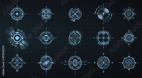Modern aiming system. Futuristic optical aim focus, circular weapon target UI. Military collimator sight, gun targets focus range indication. Gaming and hi-tech. Sci-fi futuristic spaceship crosshair