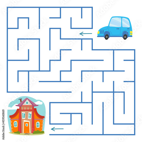 Labyrinth. Children s game with a task on paper. The car drives home through the maze. Vector cute illustration