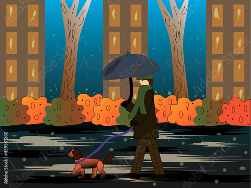 A man and a dog walking in the rain