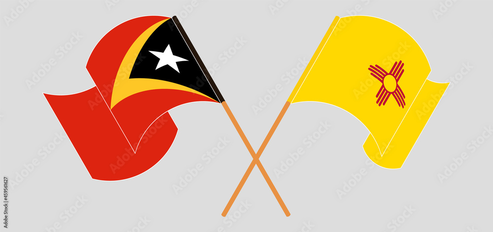 Crossed and waving flags of East Timor and the State of New Mexico Crossed and waving flags of East Timor and the State of New Mexico