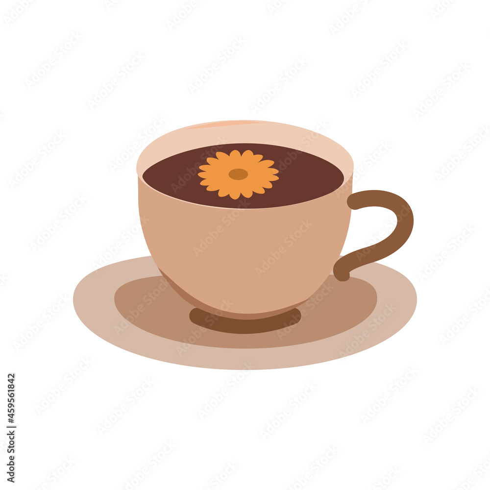Cute cup of tea with a flower in a mug. Flat illustration Cute cup of tea with a flower in a mug. Flat illustration