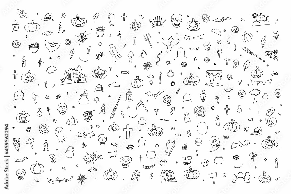 Big Doodle Happy Halloween set. Hand-drawn ghost, pumpkin, candles, skulls, bat on white background. Cute scary horror characters banner for fall holidays, Day of the Dead. Vector cartoon illustration