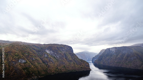 Fjord, nature and mountains in Norway. View on fjord from viewpoint.