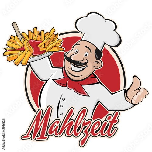 funny cartoon chef serving french fries with German text meaning enjoy your meal