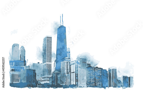 Chicago City skyline silhouette. Blue watercolor cityscape
