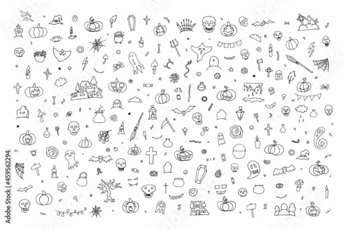 Big Doodle Happy Halloween set. Hand-drawn ghost, pumpkin, candles, skulls, bat on white background. Cute scary horror characters banner for fall holidays, Day of the Dead. Vector cartoon illustration