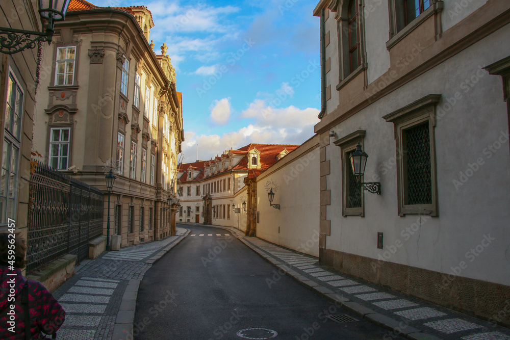 A winding street in the old historical part of Prague. Czech Republic