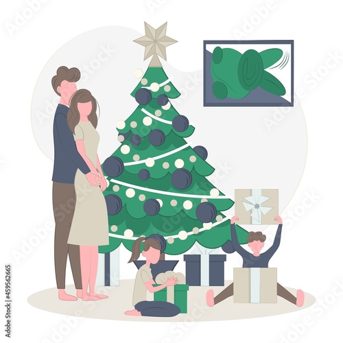 Children open Christmas presents. Cozy family New Year evening.