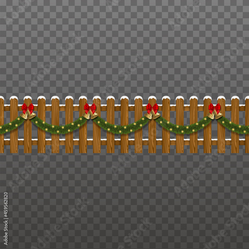 Seamless christmas fence. wooden fence with snow and christmas decorations and gold bells