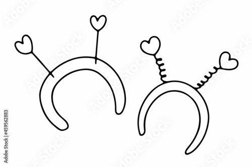 Doodle hair hoop accessory. Hand-drawn cute amour head band with hearts, springs isolated on white background. Outline decor for Valentines Day, February, Wedding, Party. Vector love illustration