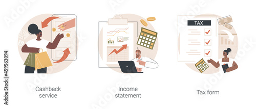 Financial balance documents abstract concept vector illustration set. Cashback service, income statement, tax form, reduce cost, corporate accounting service, online application abstract metaphor.