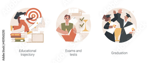 Getting an academic degree abstract concept vector illustration set. Educational trajectory, exams and tests, graduation day, school classroom, exam timetable, test results abstract metaphor.