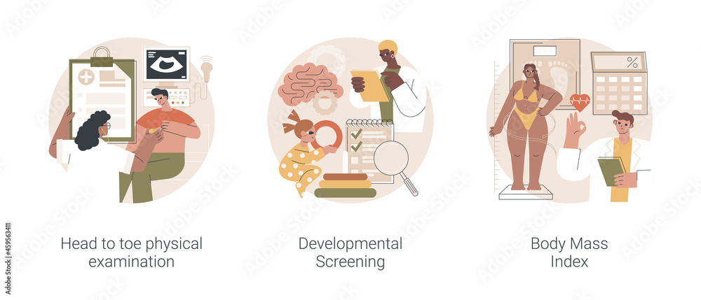 Health check up abstract concept vector illustration set. Head to toe physical examination, developmental screening, body mass index, health issue diagnostics, weight loss program abstract metaphor.