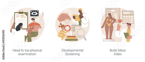 Health check up abstract concept vector illustration set. Head to toe physical examination, developmental screening, body mass index, health issue diagnostics, weight loss program abstract metaphor.