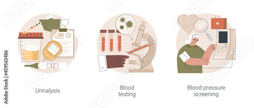 Clinical examination abstract concept vector illustration set. Urinalysis, blood testing and pressure screening, health problem detection, pregnancy test, microbiological laboratory abstract metaphor.