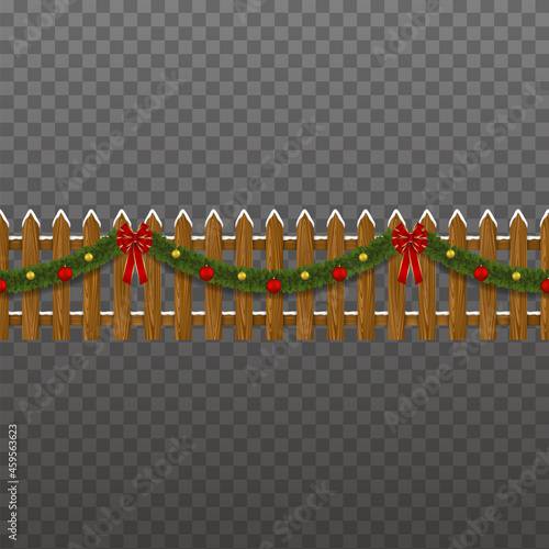 Seamless christmas fence. wooden fence with snow and garlands with christmas balls and red bow