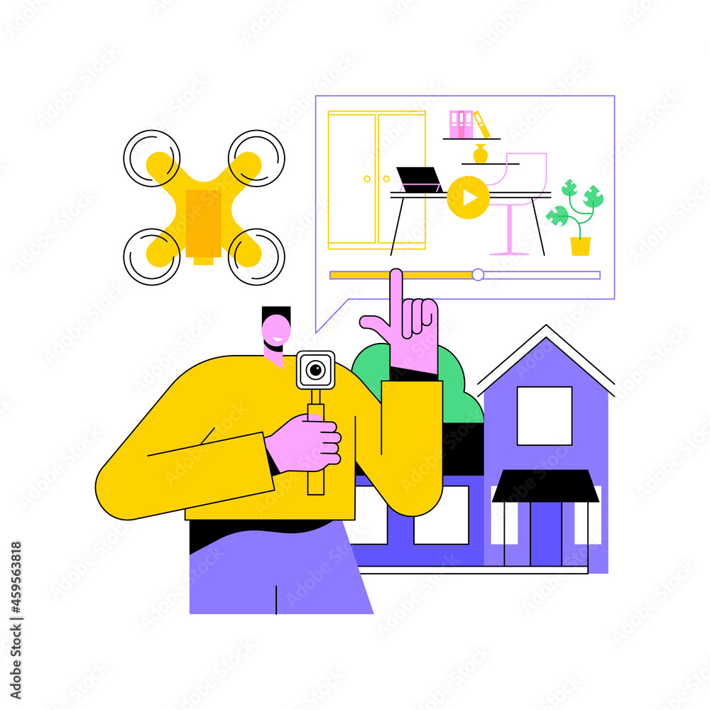 Real estate video tour abstract concept vector illustration. Real estate marketing, online streaming drone video, promotional shooting, open house, full-motion walk-through abstract metaphor. Real estate video tour abstract concept vector illustration. Real estate marketing, online streaming drone video, promotional shooting, open house, full-motion walk-through abstract metaphor.