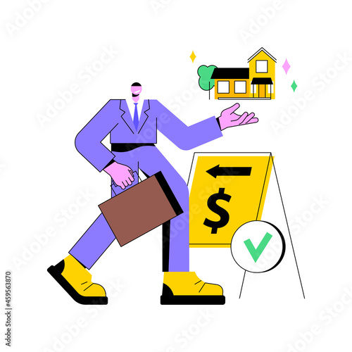 Real estate agent abstract concept vector illustration. Real estate market, agent demonstrating house, buying new appartment with a realtor, commercial property investment abstract metaphor.