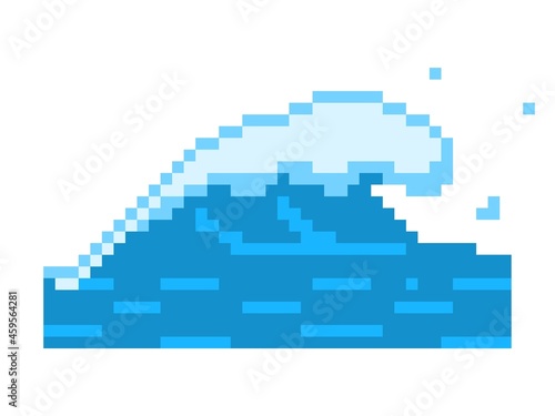 Ocean pixel foam wave icon. Crest of blue sea tsunami rushing shore huge storm waves with white and high stream for successful vector surfing.