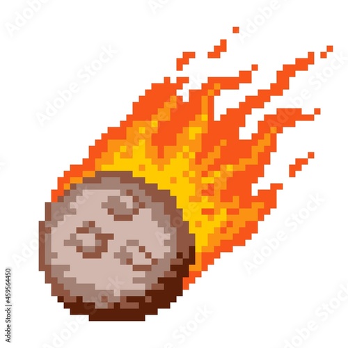 Falling burning pixel meteor. Flaming asteroid rushing towards planet fieryfire with glowing meteorite core red flame after powerful explosion with vector sparks