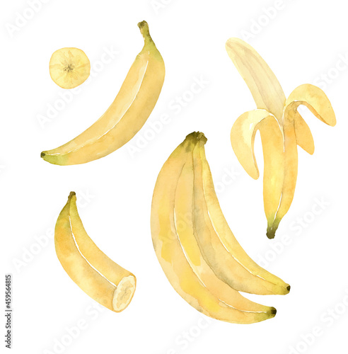 Watercolor banana. Banana slice. Bunch of bananas. Set isolated watercolor bananas.
