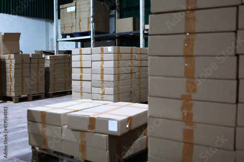 Warehouse interior. Storage of products in a warehouse. Products in cardboard boxes.