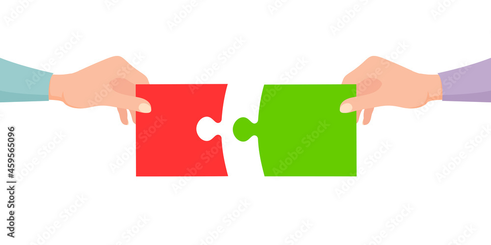 Obraz premium Hands connecting jigsaw puzzle. Business concept. Symbol of teamwork, cooperation, partnership
