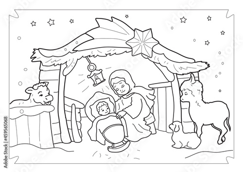 Christmas religious nativity scene. Coloring pages.