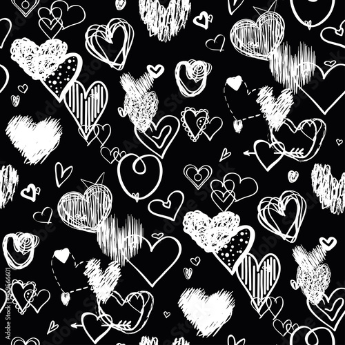 Hearts on black background. Abstract seamless wallpaper of the surface. Hand drawn love signs. Line art. Print for banners, posters, flyers and textiles