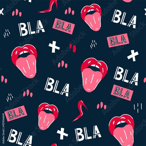 Bla bla text and lips seamless pattern on a dark background. Vector illustration
